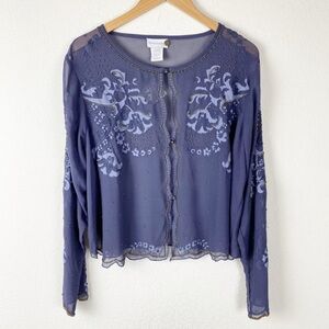 Soft Surroundings Blue Embroidered Beaded Blouse Cardigan